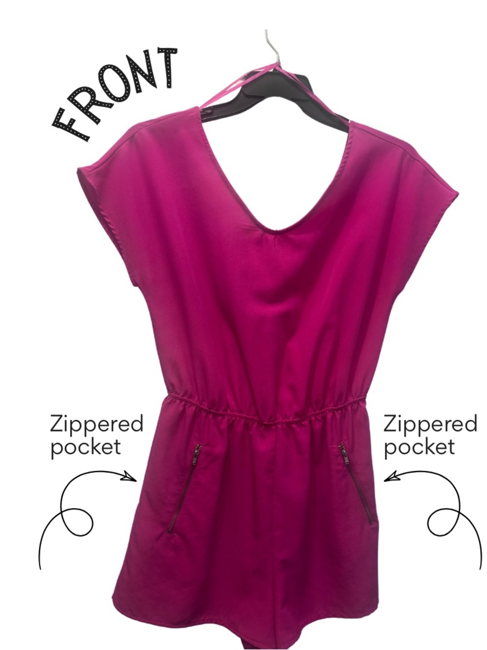 One Clothing Women’s Medium Hot Pink Romper V Neck Zip Pockets Short Sleeve